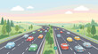 © Mamuru - Busy highway with cars driving in a rural landscape at sunset, illustration