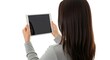 © marufa bibi - Woman holding a tablet with a blank screen in front of her face