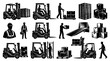 © 21graphic - Black and White Icons of Forklifts, Pallets, and Warehouse Workers in a Warehouse Setting