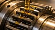 © Pratondo - Close up view of industrial metal gears being lubricated by a continuous stream of golden machine oil.