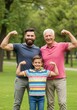 © Ariestia - Three Generations of Strong Men Flexing Biceps and Smiling Together in a Sunny Green Park