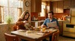© Zorro2025 - Retro Vintage Breakfast Scene with Couple in 1950s Kitchen
