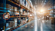 © NongEngEng - AI generated modern warehouse digital logistics network icons supply chain management inventory tracking shipping distribution technology concept blue orange lighting