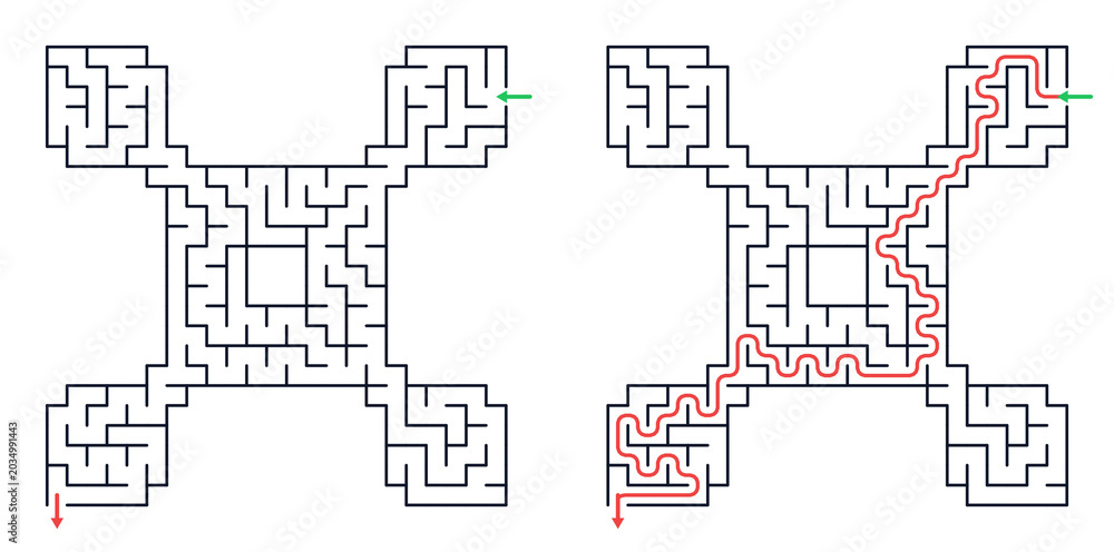 Simple abstract diagonal cross shaped maze for kids with solved path ...