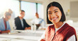© peopleimages.com - Leader, portrait and woman with smile in boardroom, copywriting and pride for creative career growth. Happy, copywriter and person with colleagues in business meeting, confident and collaboration