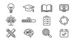 © B - Simple outline stroke educational design icon set featuring lightbulb graduation cap knowledge tree and progress symbols