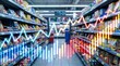 © Eve - Supermarket aisle background with glowing financial stock market charts and candlestick graphs representing food price inflation,grocery retail cost and consumer economy trends.