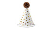 © Hiro's design - Birthday party hat with golden polka dot pattern and soft brown fluffy pompom isolated on white background.