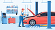 © Shabana - Mechanic working on red car in garage, automotive repair service concept