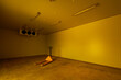 © CoreRock - Empty yellow cold storage warehouse room with solitary manual pallet jack on concrete floor expressing eerie lonely abandoned atmosphere inside industrial facility