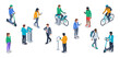 © Stocklume - Smart mobility users set | Diverse citizens riding scooters and bicycles in city | Isometric vector illustration