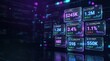 © James - Holographic kpi dashboard with glowing metrics and statistics on a dark futuristic background showcasing business analytics and performance indicators