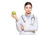 © Oleg Gekman - Portrait of a young female doctor in a lab coat holding a green apple. Diet and healthy eating