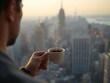 © Mahbub - Person enjoying morning coffee while overlooking vibrant city skyline at sunrise