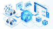 © vickryab - Isometric business workflow with AI technology data analysis and team collaboration dashboard for digital transformation corporate office concept