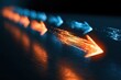 © Worrapol - Directional Flow: A dynamic arrangement of glowing arrows, some orange and some blue, move forward in a stream, creating a sense of motion and progress in a dark, reflective environment.