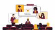 © Musafa - Hybrid Town Hall Meeting Illustration Featuring Diverse People in Video Conference and In-Person Audience for Community and Corporate Engagement