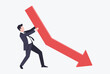 © Mikeyu - Determined businessman struggling to push back against a falling red graph arrow representing financial crisis or business downturn.