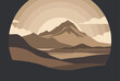 © Mikeyu - Minimalist landscape illustration of a mountain peak at sunset with circular sun rays and a calm water body view.