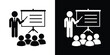 © bibin - Business training icon showing a speaker in a suit presenting to a group of people using a whiteboard. Ideal for seminar, workshop, and corporate education concepts.