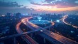 © ali - Wireless network symbol over city highway at beautiful sunset