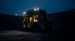 © NurbaniRa - Huge dump truck working at night in an open-pit mine with headlights on
