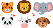 © MdNazmul - Cute animal face cartoon vector illustration set featuring tiger lion elephant panda cow and dog emoji characters