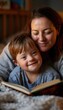 © spyrakot - Child with Down syndrome reading with caregiver in cozy nursery corner