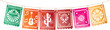 © Kamal - Mexican Papel Picado Garland Vector Banner with Colorful Hanging Paper Flags Featuring Traditional Silhouette Icons of Sombrero, Guitar, Cactus, and Maracas