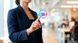 © Naret - Virtual support service subscription, woman finger touch support icon in modern office for customer service and help