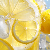 Close-up of refreshing lemonade with ice and lemon slices