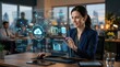 © Vitalii - Businesswoman interacting with a futuristic holographic display showing cloud network data