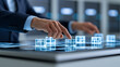 © Nataliya - Close-up of a man in a suit arranging glowing digital cubes on an interactive table with server racks in background, data center innovation concept, interactive table photography,