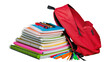 © Vincent - Isolated red backpack with a tall stack of colorful spiral notebooks and school supplies