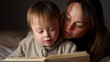 © A2Z AI  - Tender Mother and Child with Down Syndrome Reading Storybook Together in Warm Light Representing Learning, Bonding, Inclusion, and Family Connection