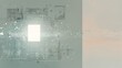 © kim jji - Ethereal abstract technology background with glowing white rectangle dissolving into digital data particles on sage green.