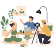 © crypto - Flat vector illustration of a creative team recording an online yoga class with a camera and director.