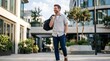 © Juliana - Smiling man walking in modern city with travel bag casual business attire