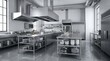 © Olga Ко - Interior de cozinha comercial moderna de restaurante, ambiente limpo, estéril e vazio com equipamentos em aço inoxidável
