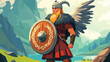 © Ganjar - Viking warrior with shield, armor, helmet, wings, in nature