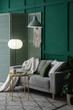© Pixel-Shot - Interior of living room with grey sofa, folding screen and glowing lamps