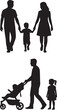 © MstRowshan - Happy family silhouettes vector set with parents holding hands with child and father walking with baby stroller