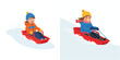 © youland - A simple flat design illustration of a kid sliding down on a bright red sled. Minimalist vector graphics, clean lines, no outline, modern bright colors, plain white background.