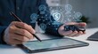 © Jo - High-Tech Smart Contract for Vehicle Purchase: Hands Signing Digital Agreement and Holding Car Model with Holographic Blockchain Network and Security Icons