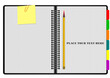 © Lev - 086-32-Spiral notebook showing graph paper pages with a sticky note, pencil, and colorful dividers