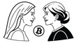© LABONI - Linear outline illustration of two women facing each other with a bitcoin symbol cryptocurrency discussion business