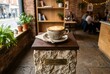 © SatyaB - Close up of a cup of coffee on a stone pillar inside a cafe