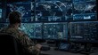 © intha - Military operations commanding officer military base digital intelligence monitoring high-tech environment rear view strategic analysis for enhanced security