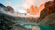 © MosammatTaslima - Stunning sunrise at the base of the granite towers in torres del paine national park, patagonia, chile