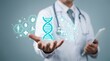 © NRD - Genomics, medical technology, biotechnology concept with doctor holding glowing DNA and healthcare interface.